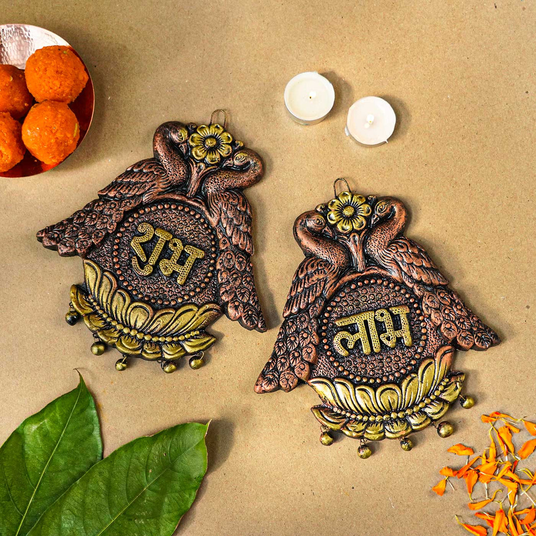 Handmade Peacock Subh Labh Terracotta Hanging | Set Of 2