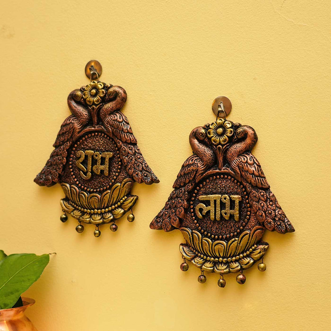 Handmade Peacock Subh Labh Terracotta Hanging | Set Of 2