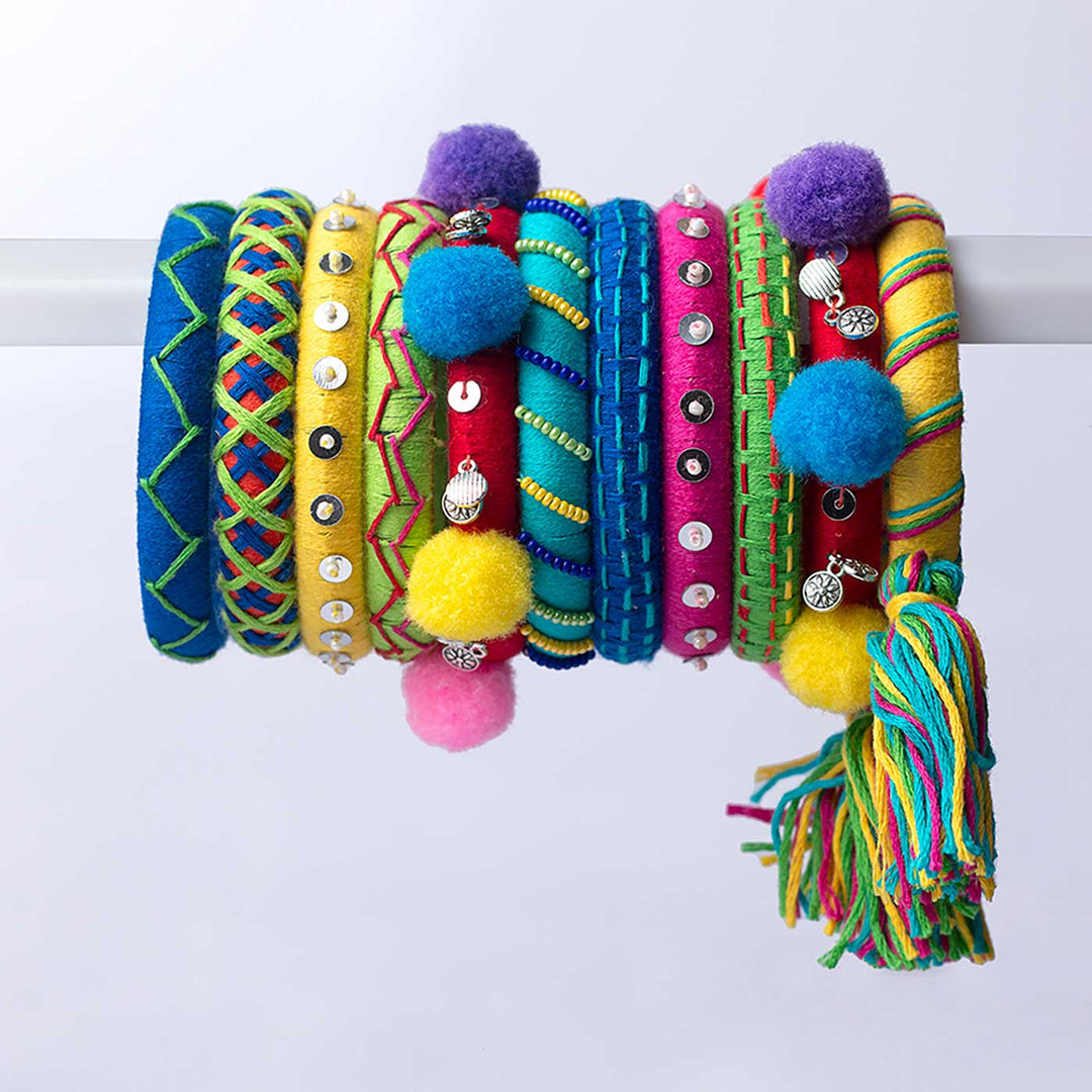 Multicolor Handcrafted Banjara Pompom Embroidered Bangles | Set of 11