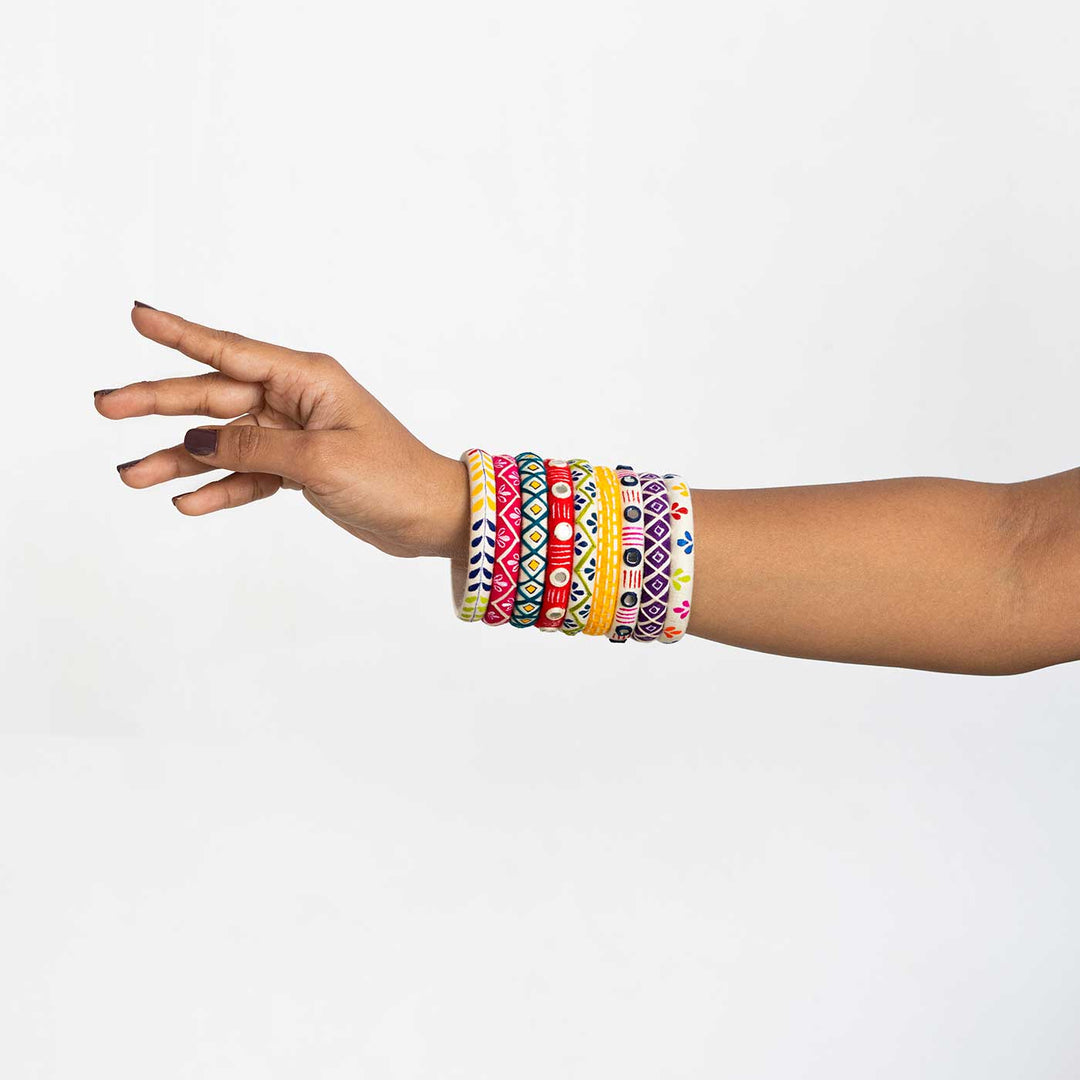 Multicolor Handpainted Kriti Embroidered Bangles | Set of 9