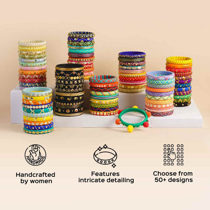 Multicolor Handcrafted Banjara Pompom Embroidered Bangles | Set of 11