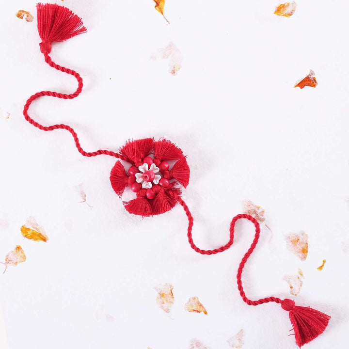 Handmade Beaded Red Tassel Flower Cotton Rakhi With Roli Chawal