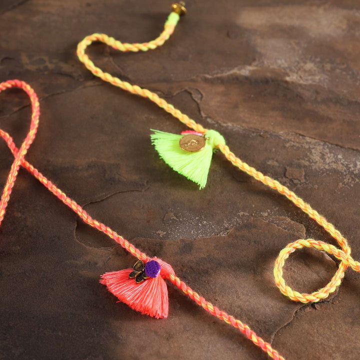 Handmade Coral & Green Tassel Rakhi With Roli Chawal | Set of 2