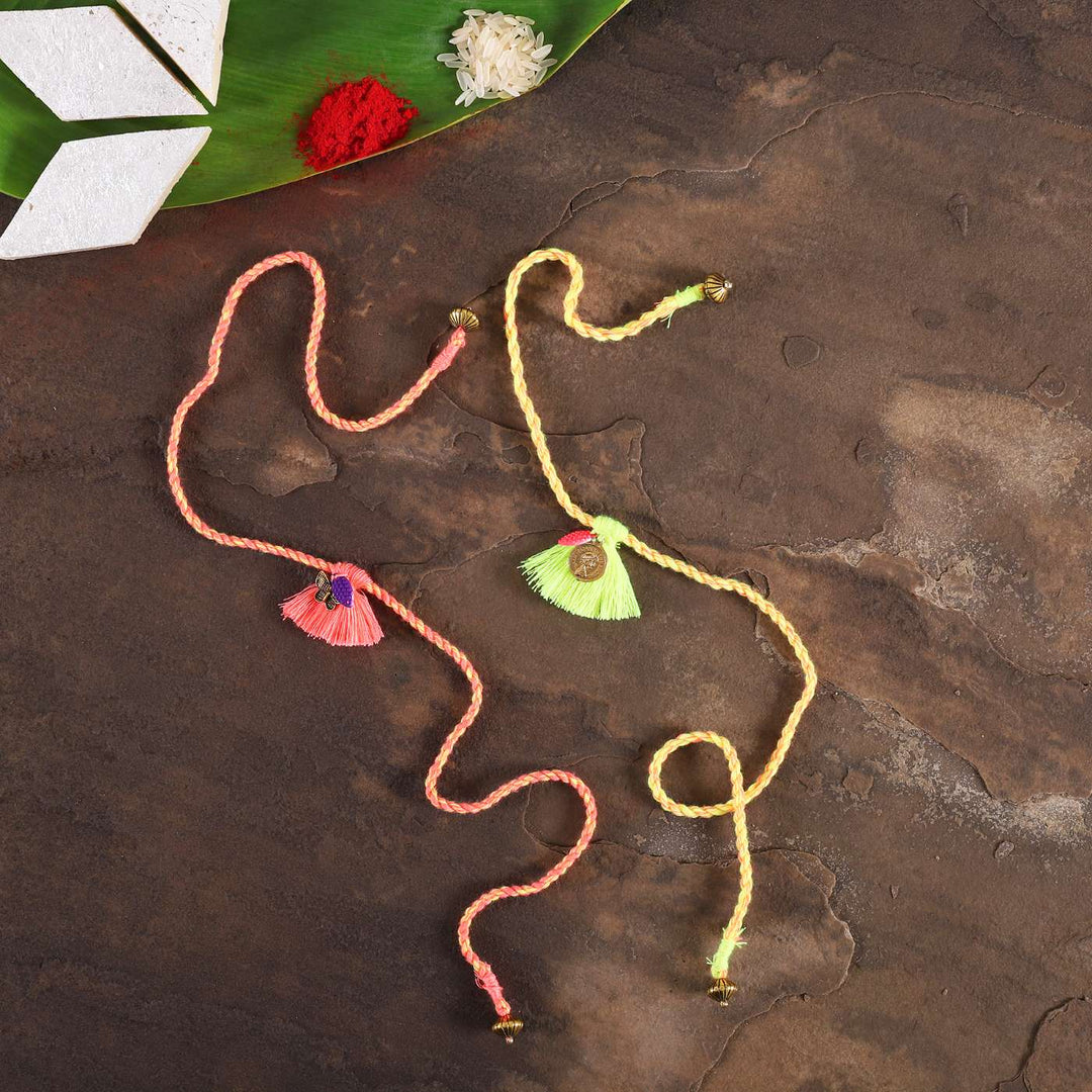 Handmade Coral & Green Tassel Rakhi With Roli Chawal | Set of 2