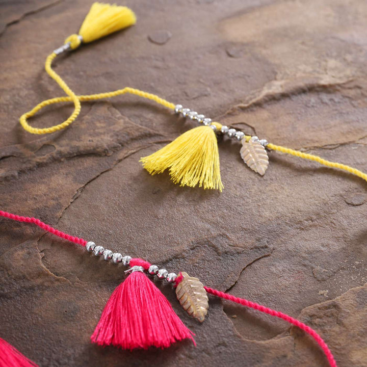 Handmade Yellow & Red Tassel Rakhi With Roli Chawal | Set of 2