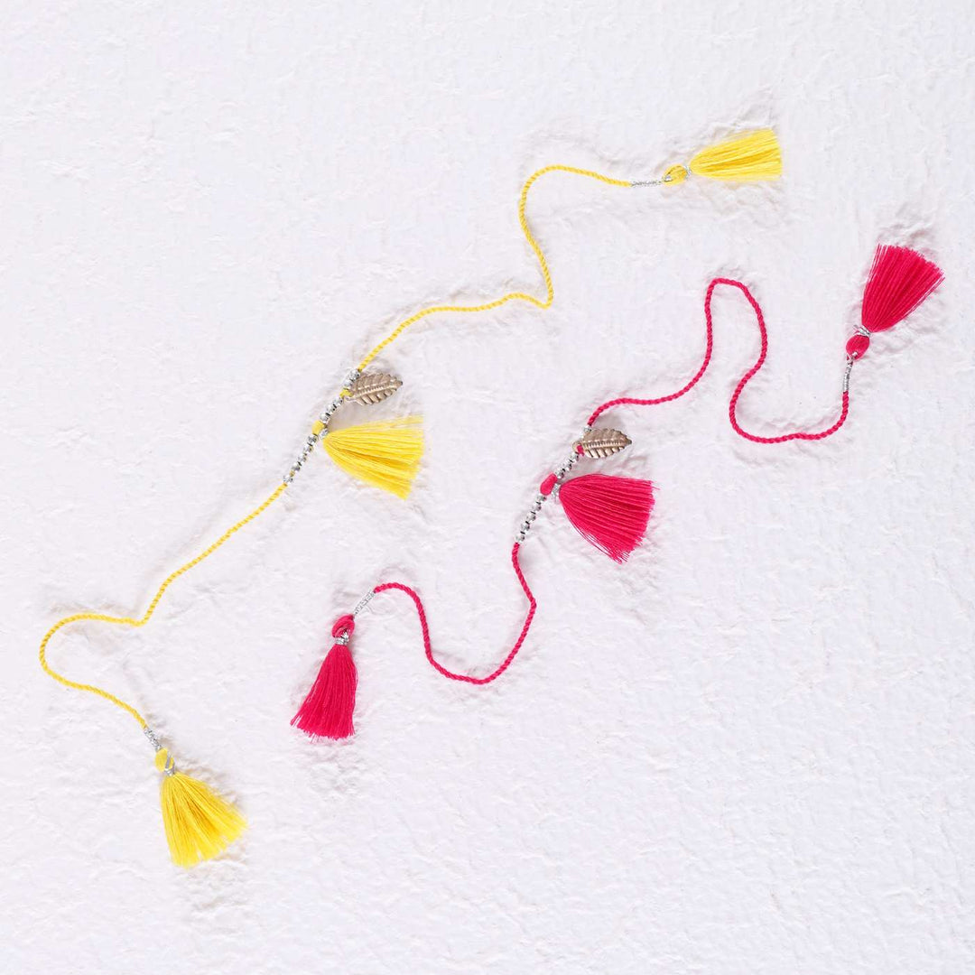 Handmade Yellow & Red Tassel Rakhi With Roli Chawal | Set of 2