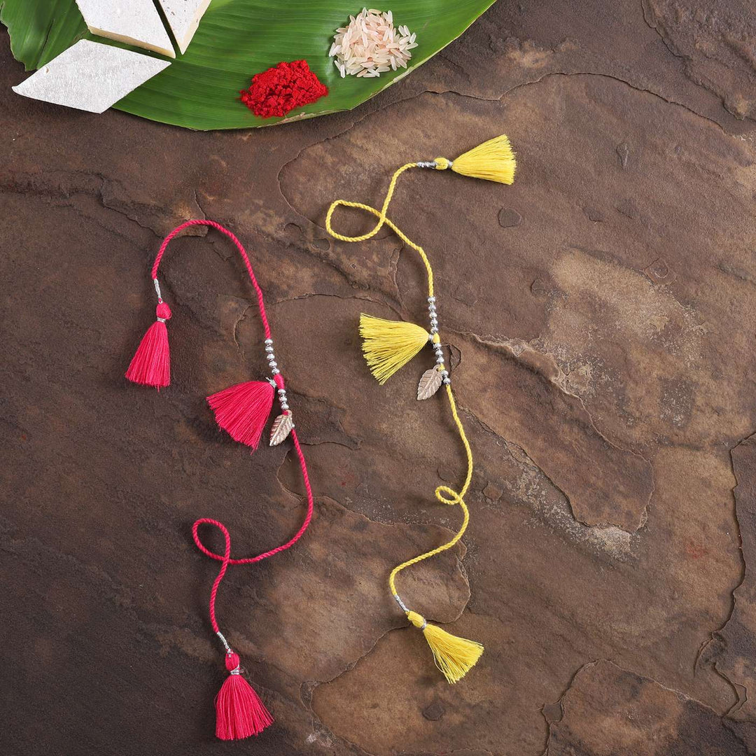 Handmade Yellow & Red Tassel Rakhi With Roli Chawal | Set of 2