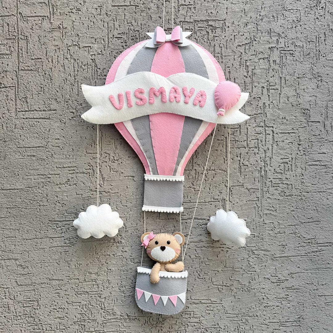 Personalized Teddy On Hot Air Ballon Theme Felt Kids Name Plate