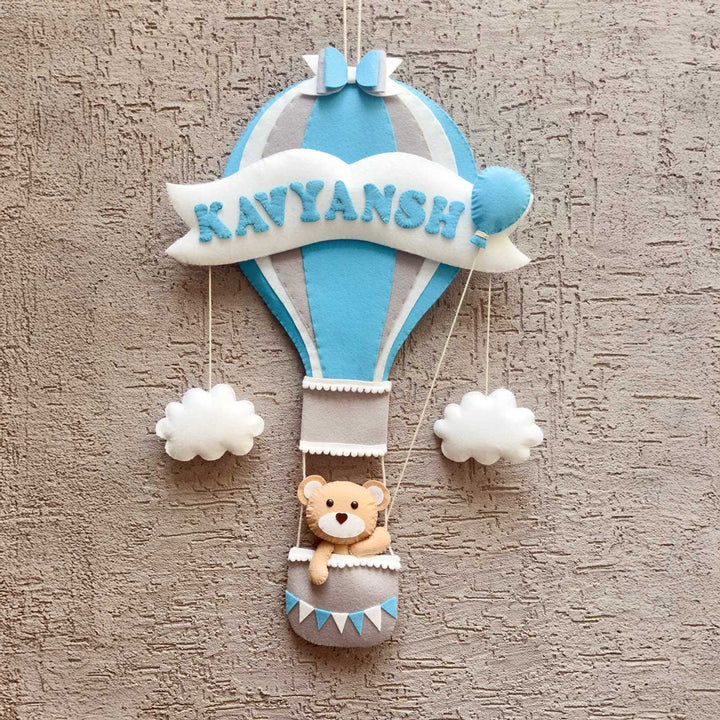 Personalized Teddy On Hot Air Ballon Theme Felt Kids Name Plate