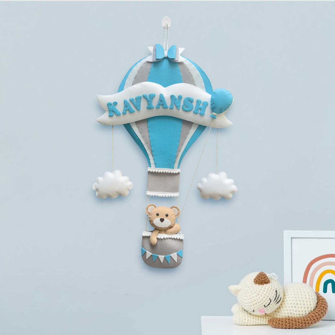 Personalized Teddy On Hot Air Ballon Theme Felt Kids Name Plate