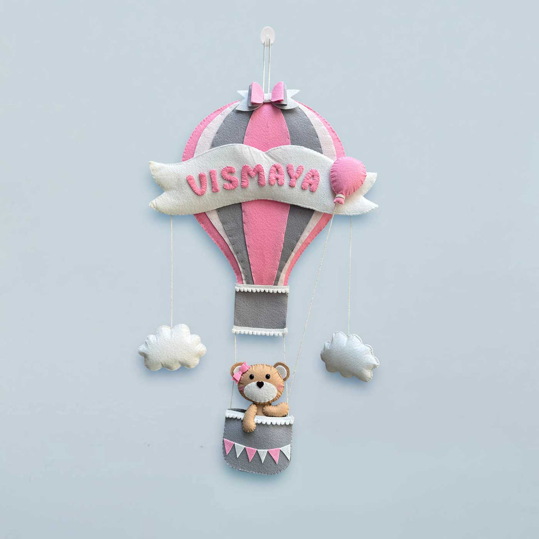 Personalized Teddy On Hot Air Ballon Theme Felt Kids Name Plate