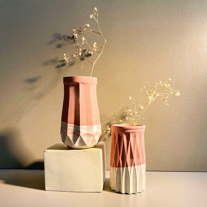 Handmade Origami Patterned Concrete Vase | Set Of 2