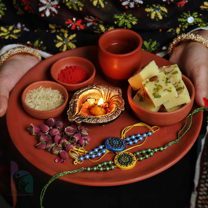 Handmade Ecofriendly Terracotta Rakhi Thali With Roli Chawal | Set of 7