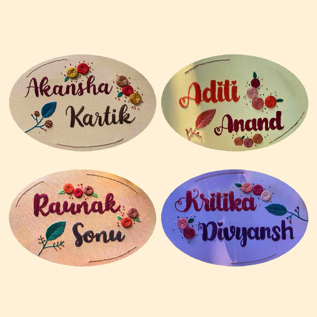 Personalized Hand Embroidered Canvas Oval Floral Name Plate