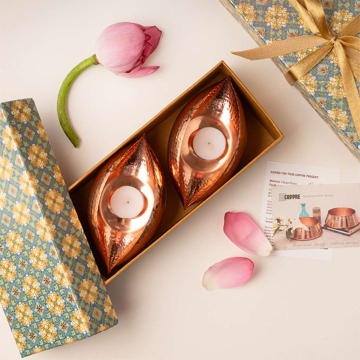 Handmade Copper Pod Tealight Holder Gift Box  | Set Of 2