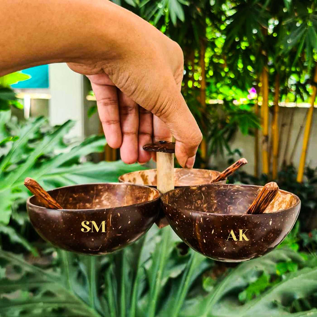 Personalized Eco-Friendly Handmade Three Bowl Coconut Shell Serving Set