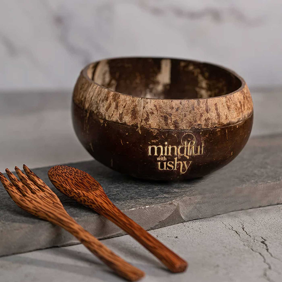 Personalized Coconut Shell Boho Jumbo Bowl with Spoon and Fork