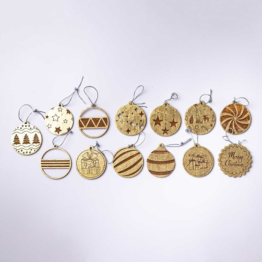 Handmade Birch Wood Round Baubles Christmas Ornament | Set Of 13