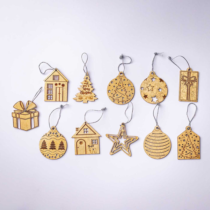 Handmade Assorted Birch Wood Christmas Ornament | Set Of 11