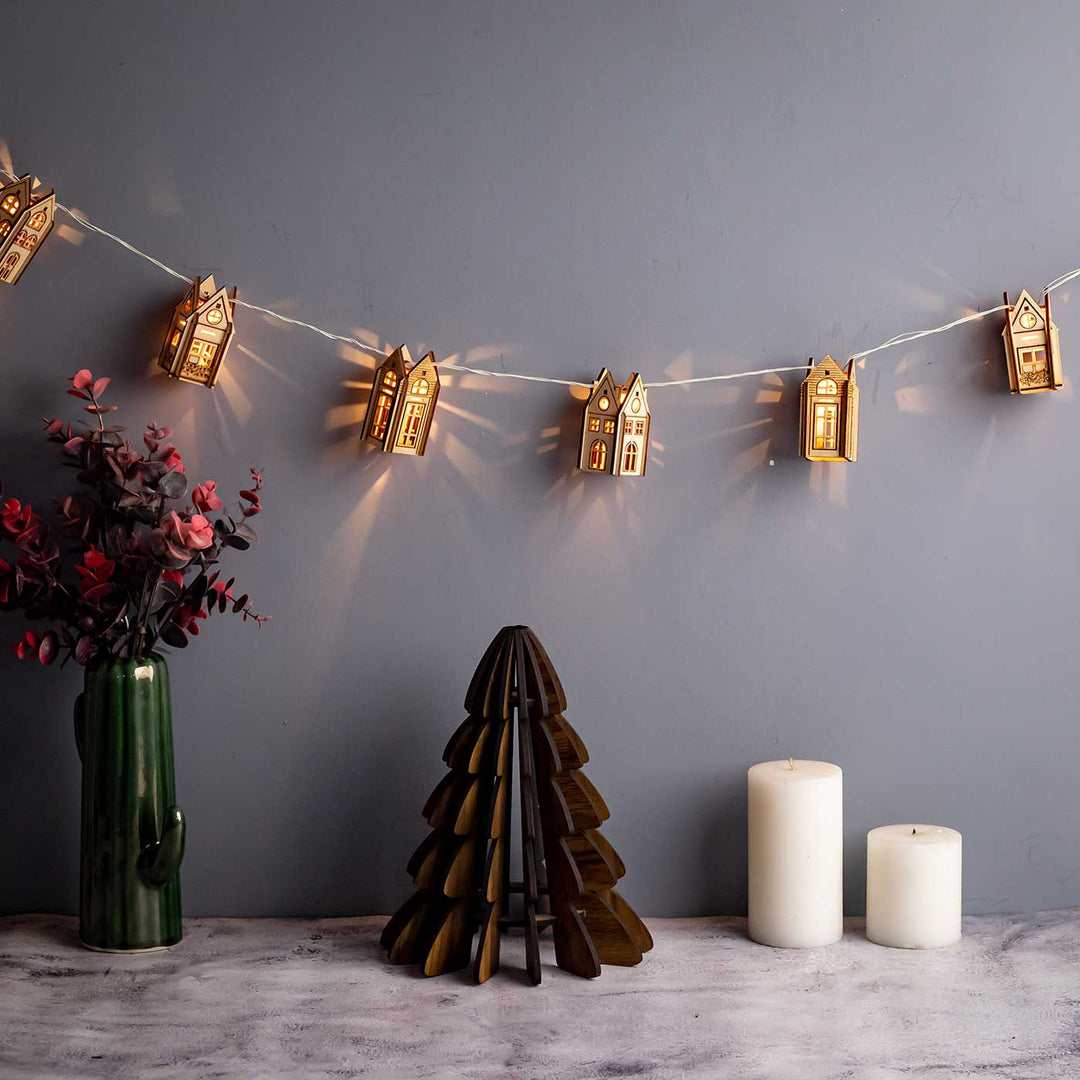 Handmade 3D Birch Wood Garland With Lights For Christmas Decoration