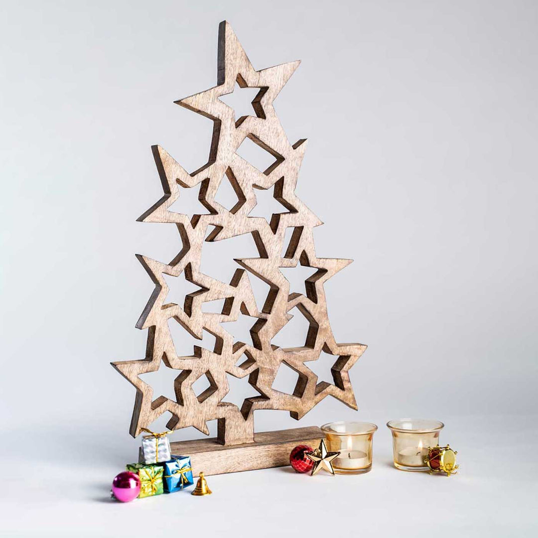 Handmade Star Tree Mango Wood Table Decor For Christmas Decoration