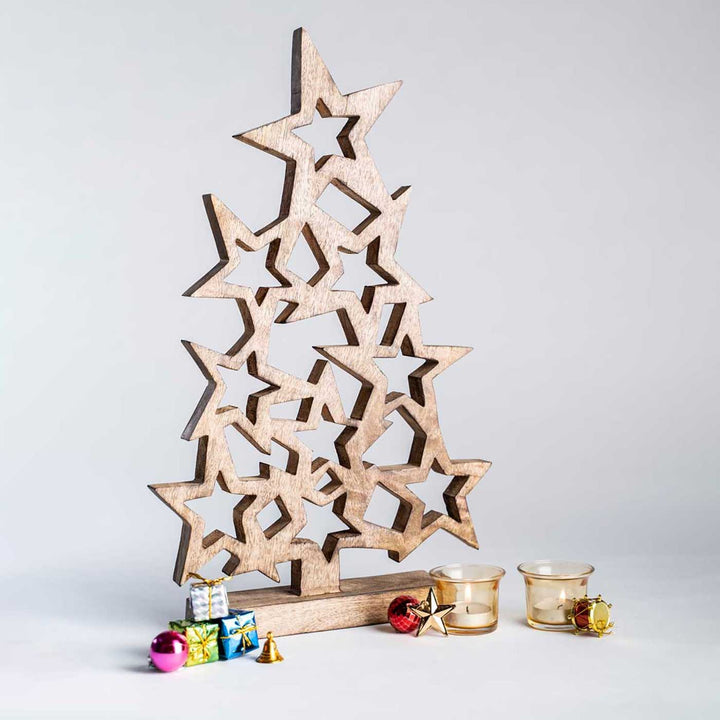 Handmade Star Tree Mango Wood Table Decor For Christmas Decoration