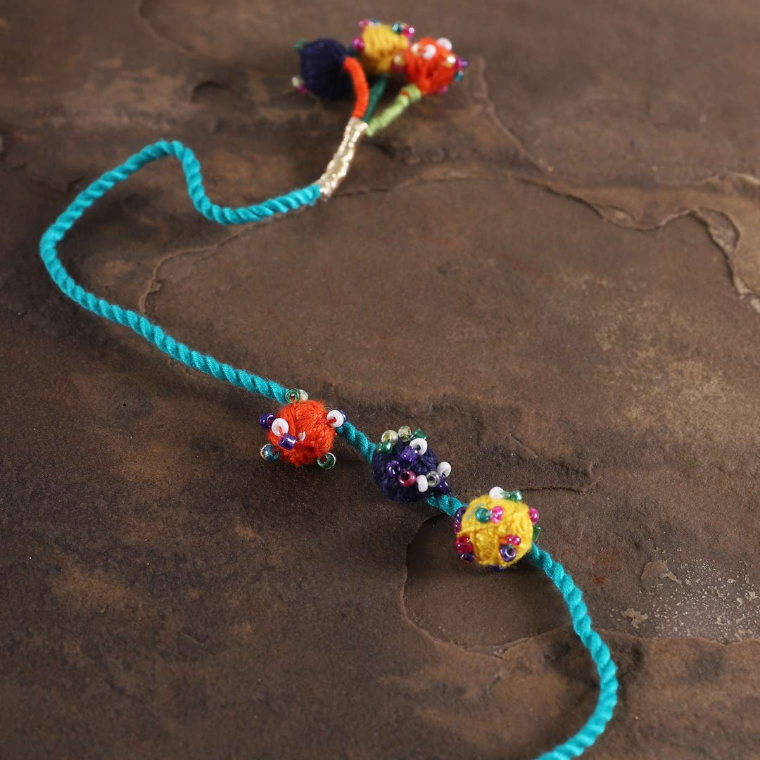 Handmade Beaded Light Blue Dori Rakhi With Roli Chawal