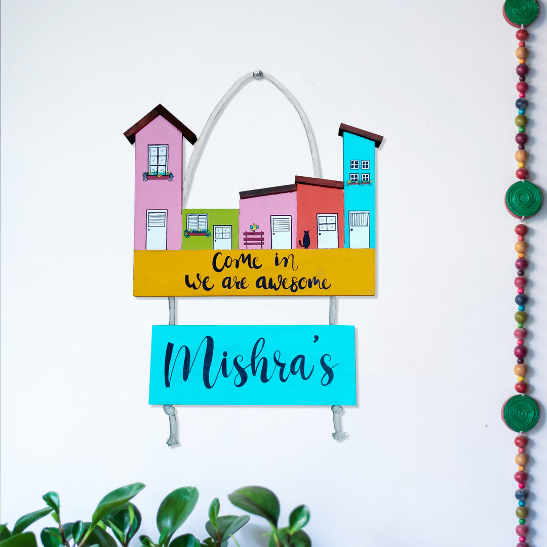 Personalised Handpainted House Shaped Plank Nameplate