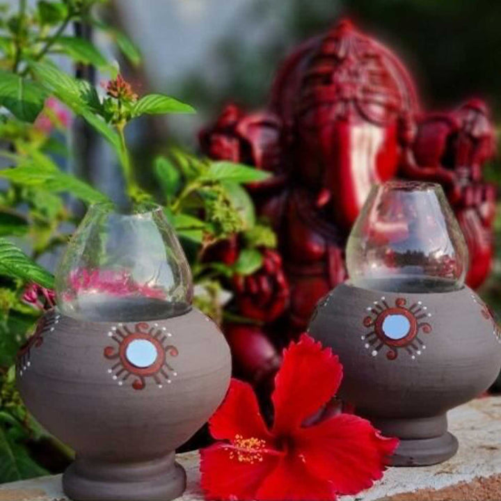 Handmade Grey Terracotta Oil Lamp / Diya | Set Of 2