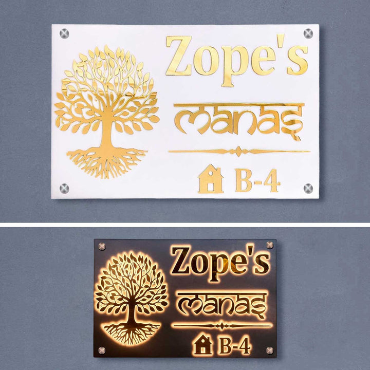 Personalized Waterproof Golden Tree Design Acrylic LED Name Plate