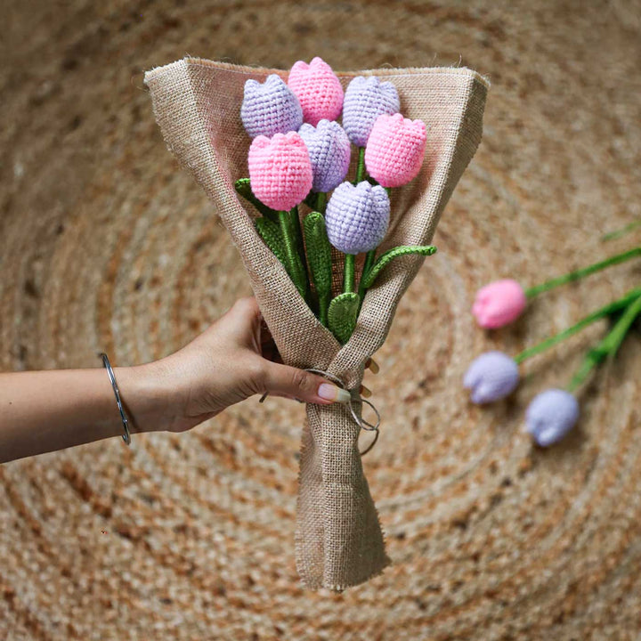 Handmade Crochet Tulip Flower Bouquet | Set Of 7