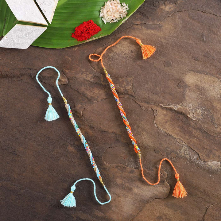 Handmade Beaded Twister Rakhi With Roli Chawal | Set of 2