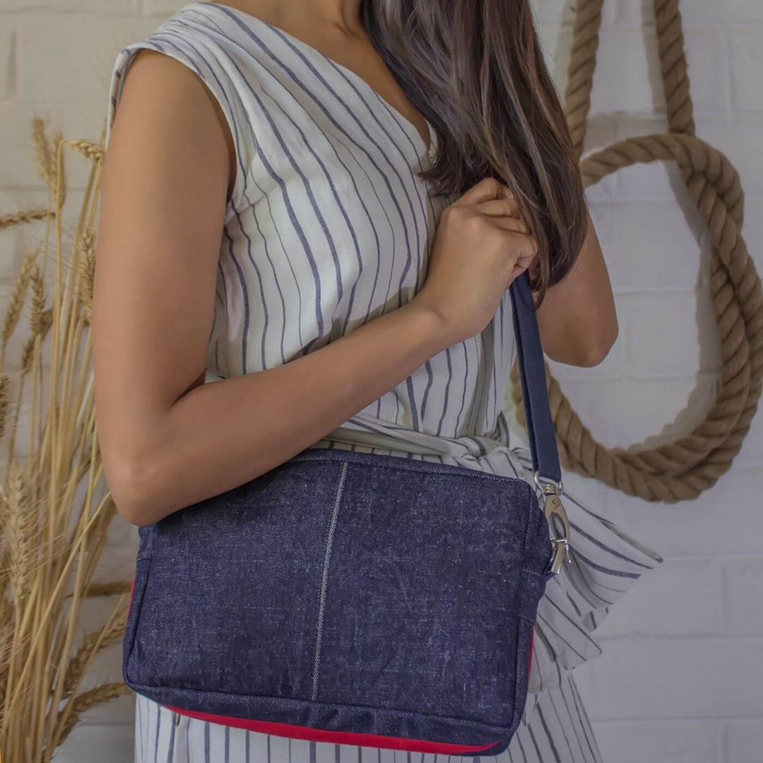 Handcrafted Upcycled Denim Crossbody Sling Bag For Women