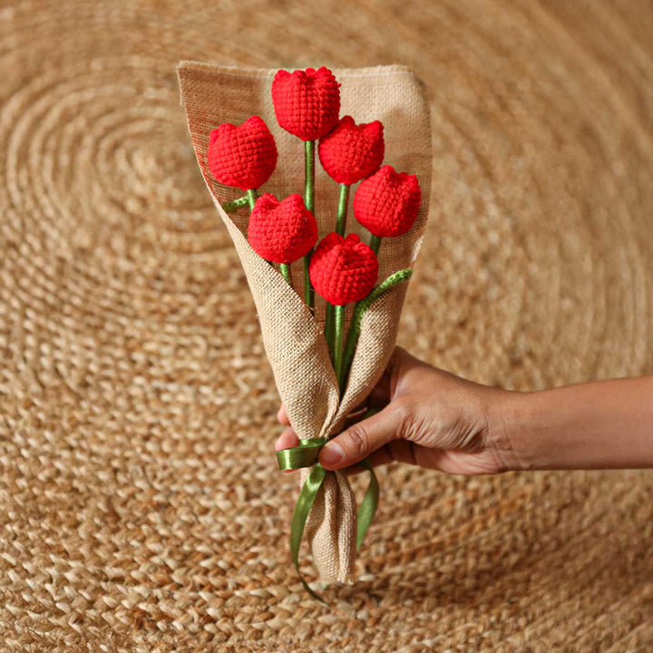 Handmade Crochet Red Tulip Flower Bouquet | Set Of 6