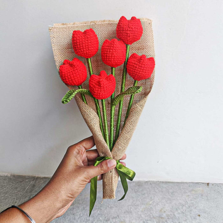 Handmade Crochet Red Tulip Flower Bouquet | Set Of 6