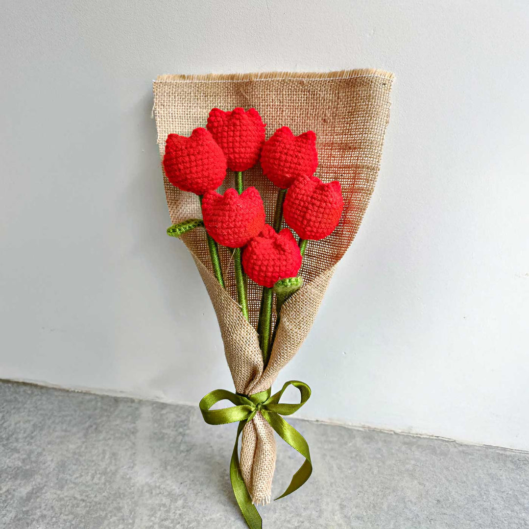 Handmade Crochet Red Tulip Flower Bouquet | Set Of 6