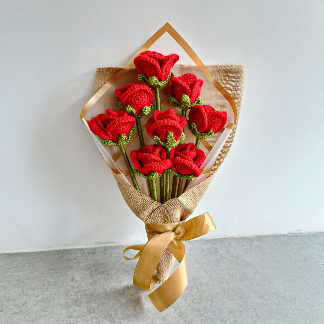 Handmade Crochet Valentine Red Rose Flower Bouquet | Set Of 8