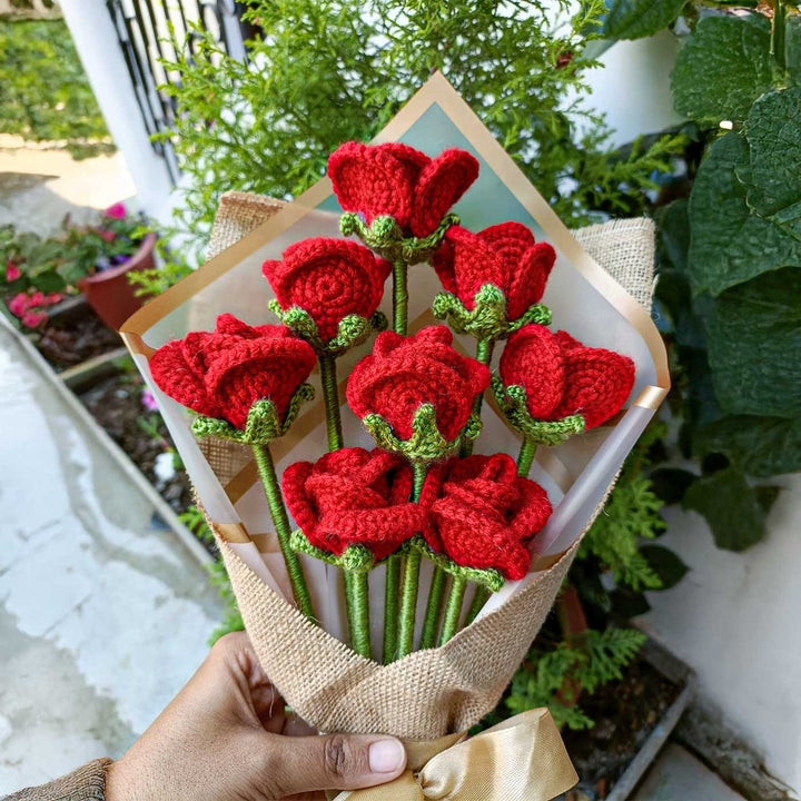 Handmade Crochet Valentine Red Rose Flower Bouquet | Set Of 8