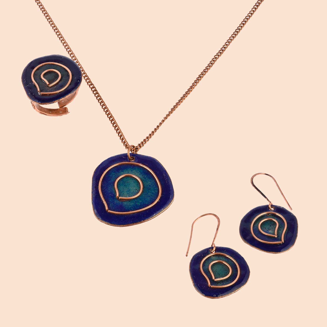 Hand Crafted Small Blue Copper Enamel Vartul Set