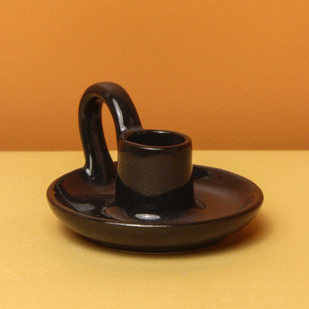 Handmade Black Victorian Charm Ceramic Pillar Candle Holder