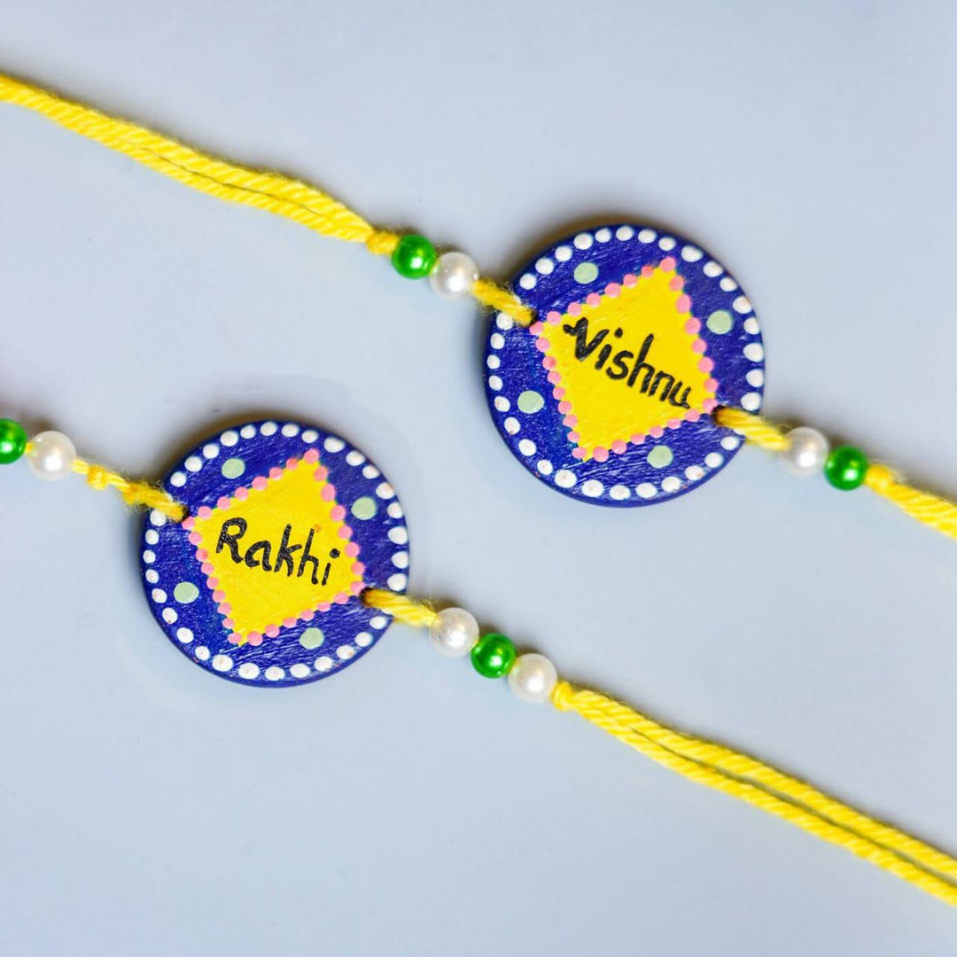 Personalised Handcrafted Bhaiya-Bhabhi Terracotta Rakhi With Roli Chawal