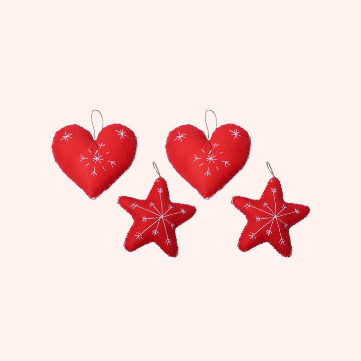 Embroidered Heart & Star Christmas Ornaments | Set of 4