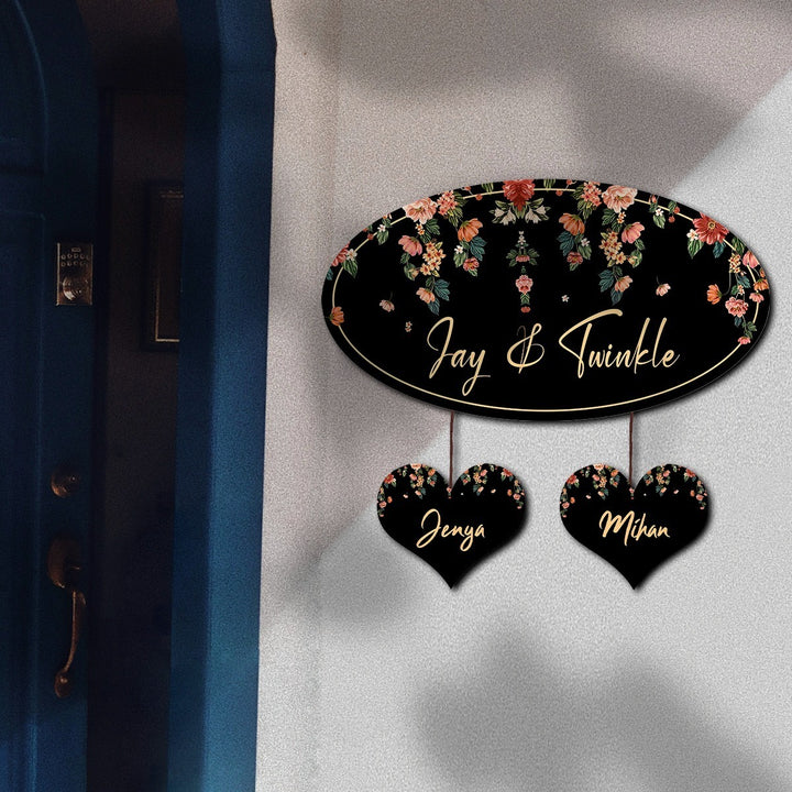 Printed Black Floral Wooden Oval Nameplate For Family