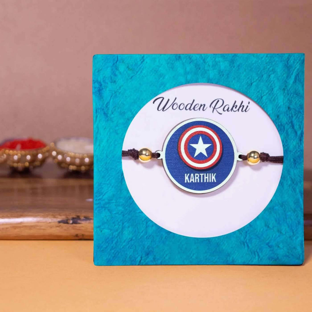 Personalized Handmade Captian America Wooden Kids Rakhi With Roli Chawal