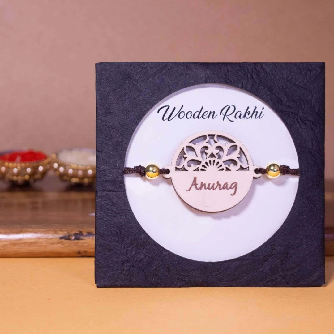 Personalized Handmade Elegant Wooden Rakhi With Roli Chawal