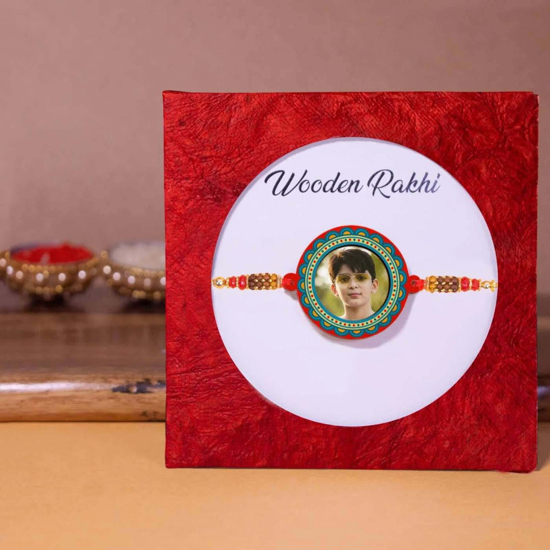 Photo Personalized Handmade Elegant Wooden Rakhi With Roli Chawal