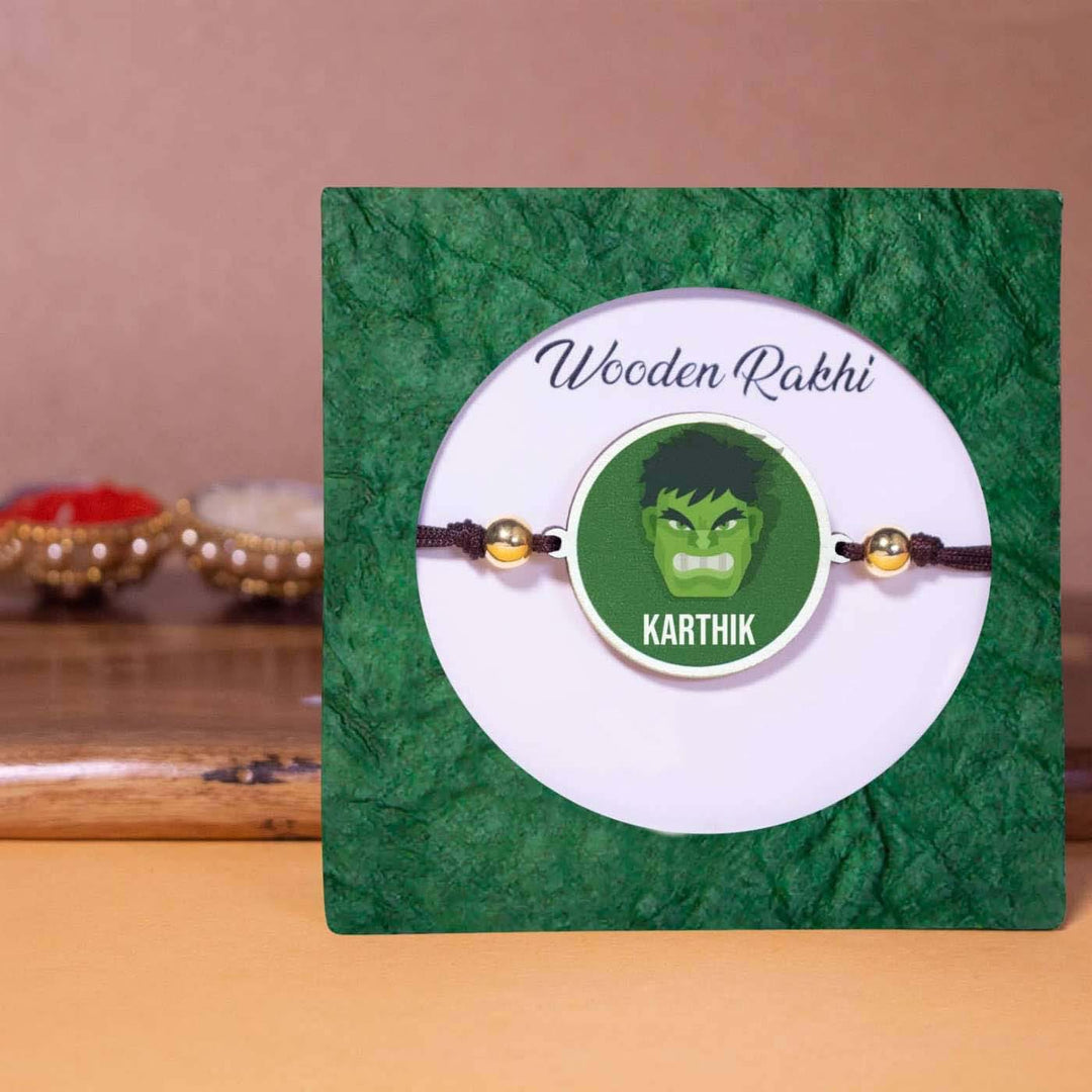 Personalized Handmade Hulk Wooden Kids Rakhi With Roli Chawal