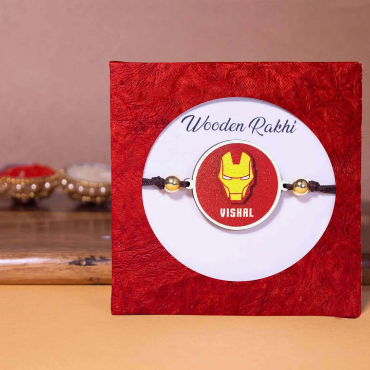 Personalized Handmade Iron Man Wooden Kids Rakhi With Roli Chawal