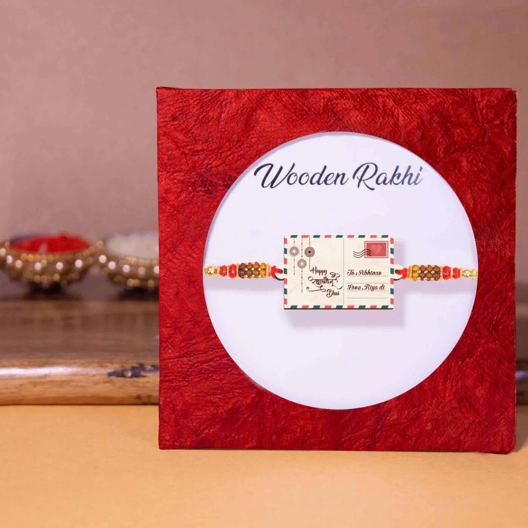 Personalized Handmade Postcard Theme Wooden Rakhi With Roli Chawal