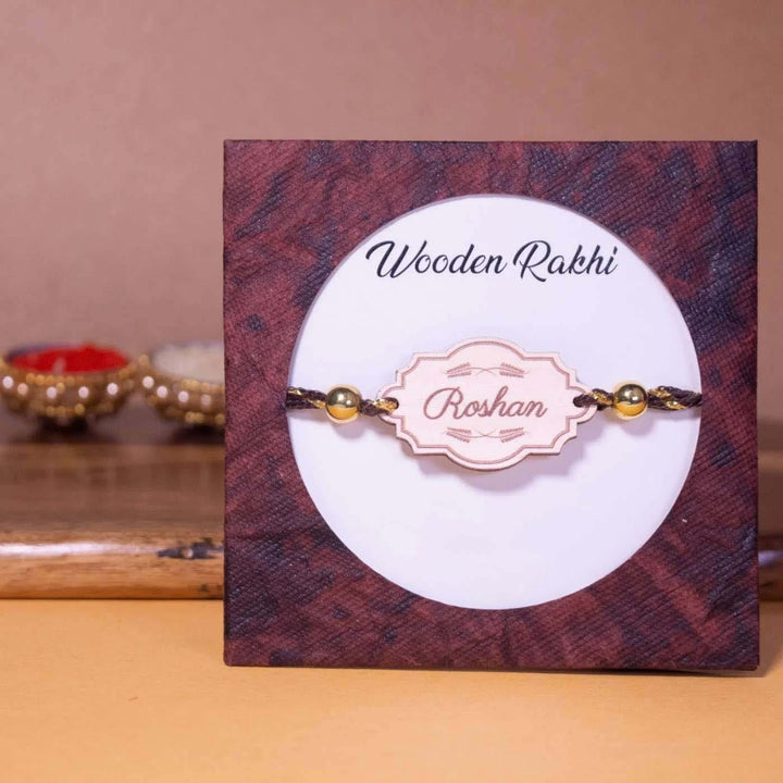 Personalized Handmade Vintage Wooden Rakhi With Roli Chawal